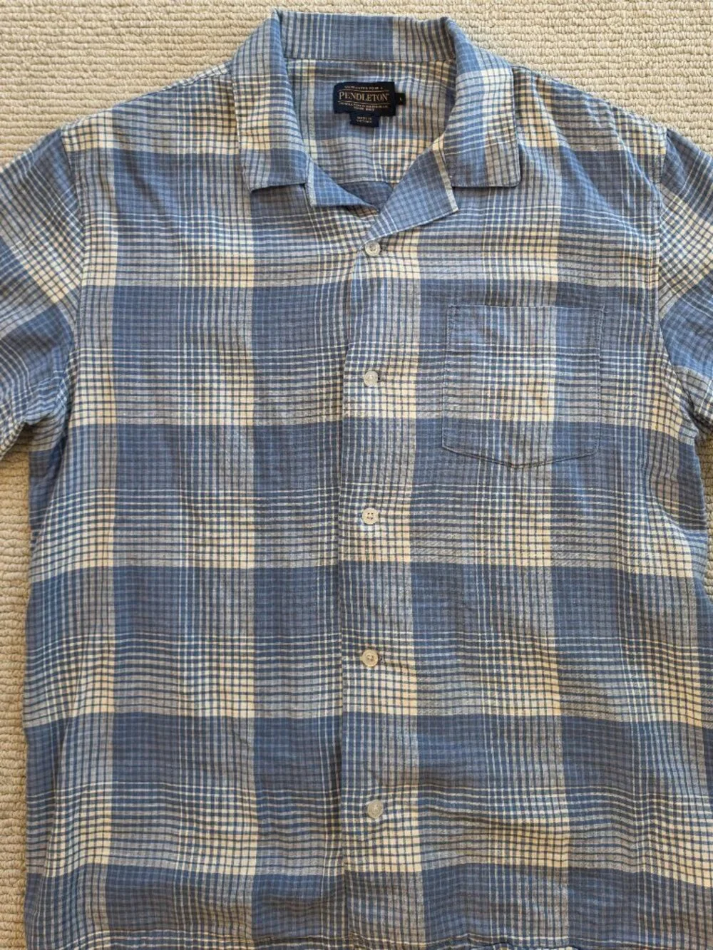 Men's Pendleton Linen Short Sleeve Button Up Shirt Blue Excellent Large